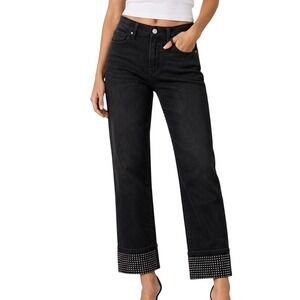 Flying Monkey Rhinestone Studded Hem Jeans Cuffed Blk 28  Mid Rise Slim Wide Leg